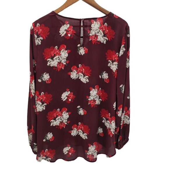 Maurices Womens Floral Semi-Sheer Tunic Top Sz 0 V-Neck Maroon Red Long Sleeve - Picture 2 of 11